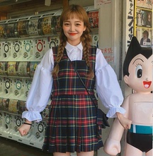 甜美ins风长袖 高腰格纹连衣裙两件套 衬衫 秋季新款 鬼马少女套装