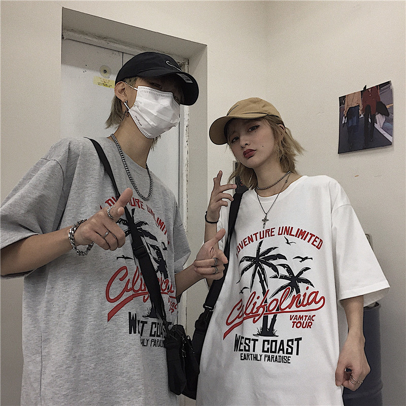 妈个鸡妈 19韩国ins复古经典椰树印花休闲情侣上衣短袖T恤男女款