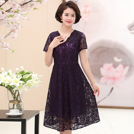 妈妈装连衣裙夏装2018新款女装40中年中老年人50岁45蕾丝短袖裙子商品大图