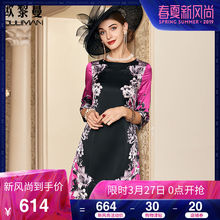 欧黎蔓黑色印花真丝连衣裙2019春夏新款七分袖中年妈妈桑蚕丝裙子图片