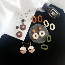 日韩手作简约几何圆形镂空创意耳钉复古木质木头圆圈个性长款耳环