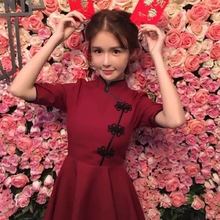 女迎宾大码 旗袍 中袖 春秋舞台礼仪服装 红色中国风连衣裙夏民国短款