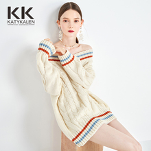 kk早秋季女装2018新款 慵懒风宽松v领麻花毛线衣韩版显瘦毛衣外套图片