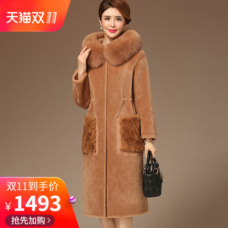 羊剪绒大衣女新款2018冬女装中长款水貂毛狐狸毛领羊羔毛皮草外套商品大图
