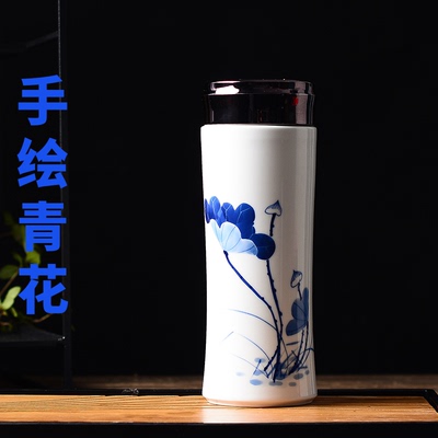 景德镇手绘青花釉中彩双层不烫手陶瓷茶杯水杯 礼品茶杯保温杯