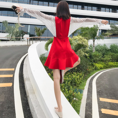 秋装女2018新款小香风拼接红色春秋季长袖连衣裙女打底荷叶边裙子