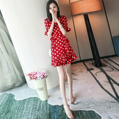 女装夏装2018新款波点红色雪纺连衣裙女夏荷叶边温柔仙女裙子收腰
