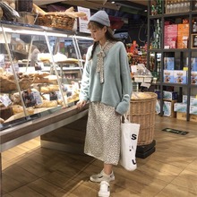 中长款 韩版 蝴蝶结系带碎花连衣裙 秋季慵懒风宽松V领菱格针织毛衣