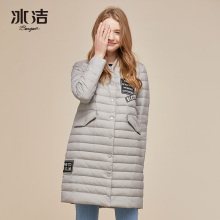 冰洁秋冬棒球领贴布中长款轻薄羽绒服立领反季羽绒服J70130022图片