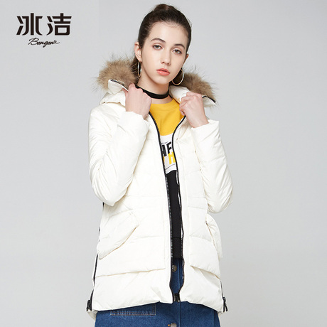 冰洁女款时尚羽绒服女短款连帽大毛领羽绒服中长款反季J1501018J商品大图