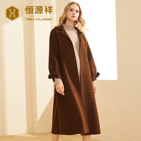 恒源祥双面呢羊毛大衣女装新款秋冬纯色长款羊毛呢大衣系带袖外套商品大图