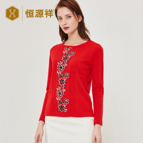 恒源祥女士妈妈装羊绒衫秋冬季圆领纯羊绒套头毛衣短款宽松针织衫商品大图