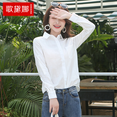 chic早秋季白衬衫女夏长袖2018春装新款亚麻衬衣宽松慵懒棉麻上衣