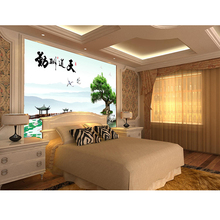 紫竹颜中式电视背景墙壁画墙画迎客松山水画无缝墙布3d立体墙纸