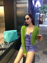 外套纽扣短款 v领字母纯色女 毛茸茸衫 绿色多色针织毛衣开衫 AL新款