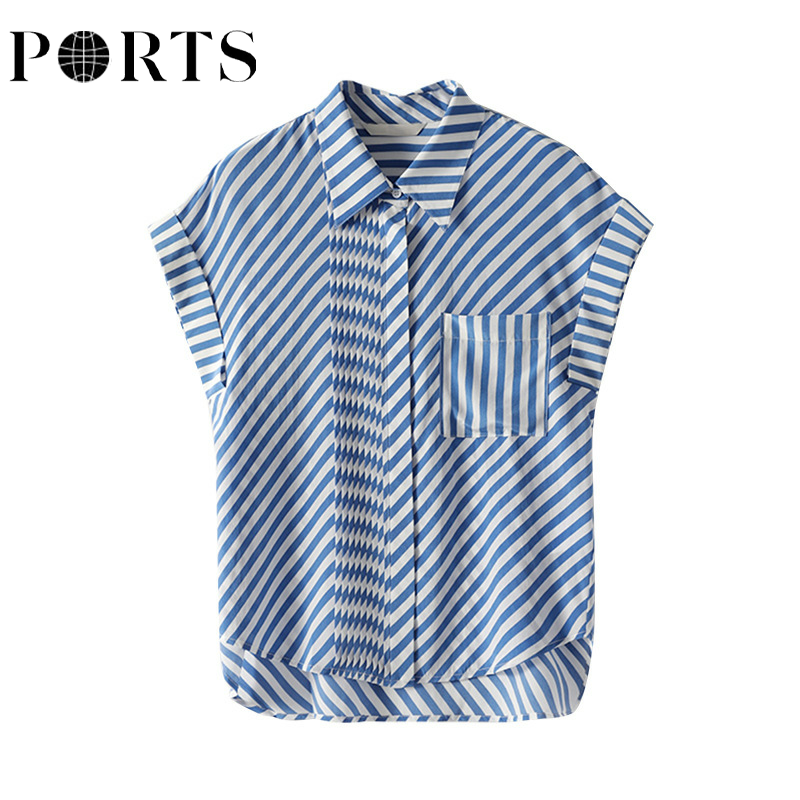 宝姿2024夏季女短袖撞色衬衫薄款设计感小众时尚洋气蓝白条纹上衣