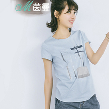 茵曼2018夏装 文艺直筒印花圆领短袖 新款 纯棉T恤女上衣1862022384