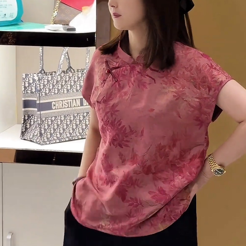 【狂欢价】粉色立领无袖T恤女2025夏季新款新中式盘扣设计感百搭大码上衣潮
