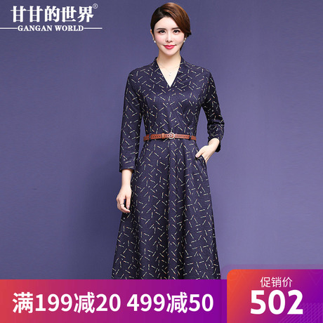甘甘的世界秋装连衣裙女2018新款弹性大码黄叶印花中长款连衣裙女商品大图