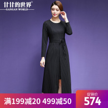 【弹力竖条纹】甘甘的世界大码韩版女装直筒条纹优雅气质OL连衣裙图片