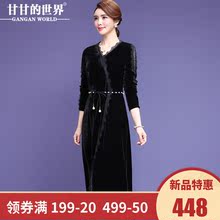 【金丝绒长裙】甘甘的世界秋冬新款长袖开叉大码中年丝绒连衣裙女图片