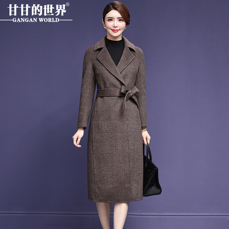 【全羊毛】甘甘的世界2018秋冬装新款格子大码双面呢大衣女中长款商品大图