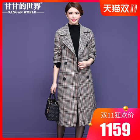 【80%羊毛】甘甘的世界2018秋冬新款西装领格纹毛呢大衣中长款女商品大图