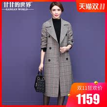 【80%羊毛】甘甘的世界2018秋冬新款西装领格纹毛呢大衣中长款女图片