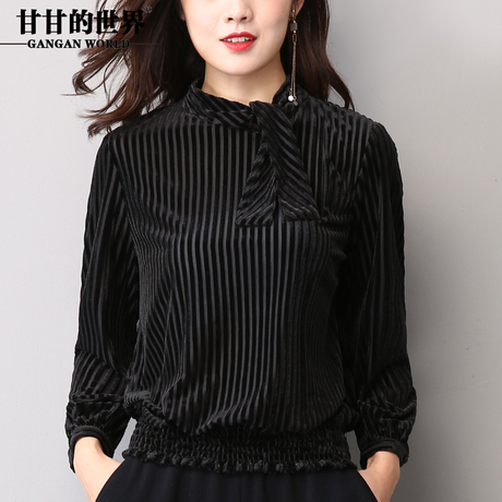 甘甘的世界T恤女短款高领2017秋冬新款上衣金丝绒打底衬衫女装商品大图