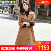 【全羊毛】甘甘的世界2018秋冬装新款系带修身双面呢大衣女中长款图片