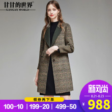 甘甘的世界2018秋冬新款双面呢毛呢大衣撞色格子翻领大码毛呢外套图片