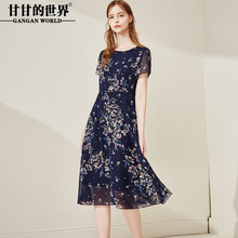 雪纺碎花连衣裙2018夏装新款甘甘的世界时尚印花短袖圆领中长裙图片