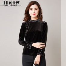 衬衫女甘甘的世界2018秋装新款金丝绒长袖体恤打底衫短款上衣女图片