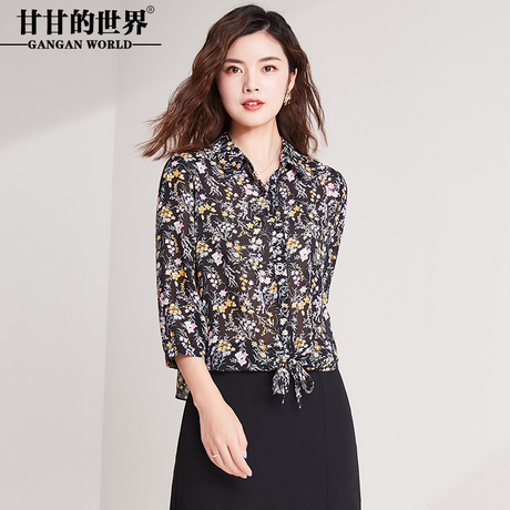衬衫女甘甘的世界2018秋装新款印花T恤七分袖衬衣POLO领小衫商品大图