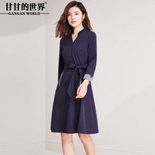 甘甘的世界职业气质连衣裙女2018秋季新款时尚大摆A字裙条纹撞色图片