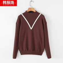 韩服路胖mm秋冬新款大码女装宽松藏肉撞色拼接半高圆领针织衫毛衣图片