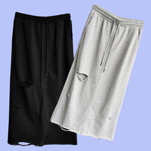 2019夏季新品高腰女半身长裙抽绳松紧腰破洞休闲运动裙纯色百搭