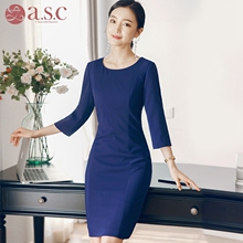 艾尚臣职业装女装条纹七分袖连衣裙中长款修身显瘦美容师工作服夏图片