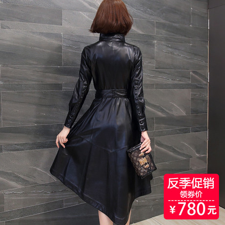 欧洲站海宁真皮皮衣女长款绵羊皮风衣修身女装外套2017秋季系腰带商品大图