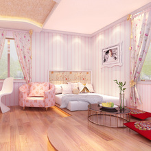 韩式粉色背景墙纸无纺布温馨卧室女孩儿童公主房壁纸现代简约条纹