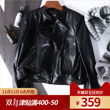 兰积欧洲站2018新款羊皮女装外套H秋冬黑色修身欧美机车风皮衣商品大图