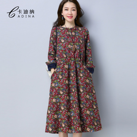 中老年妈妈装秋冬装民族风女装加绒加厚碎花连衣裙大码中长款裙子商品大图