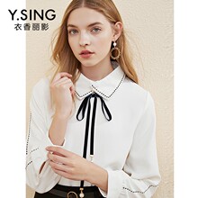 衬衫女娃娃领衣香丽影2018冬装新款韩版系带纯色小清新加厚上衣图片