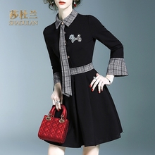 莎杜兰秋装新款女装减龄淑女撞色格纹钉珠修身a字连衣裙女30451