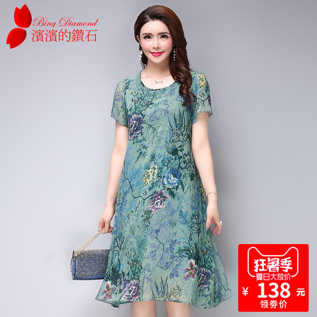 2018夏季女装中老年大码短袖桑蚕丝妈妈连衣裙中长款夏装真丝裙商品大图
