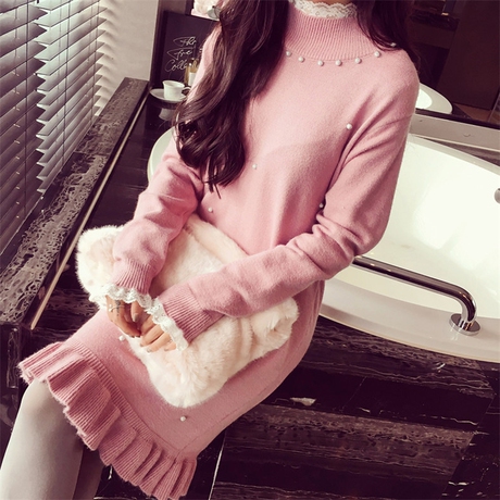 早秋女装长款针织衫连衣裙长袖圆领毛衣打底裙韩版收腰连衣裙商品大图