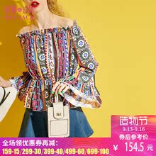妖精的口袋2017夏装新款一字肩民族喇叭袖雪纺衫女 罗浮宫梦游图片