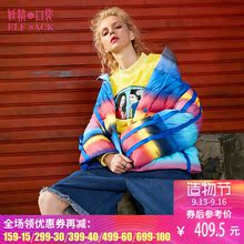 妖精的口袋2017冬装新款小高领织带羽绒服女短款面包服彩虹发泡剂图片