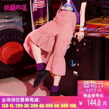 妖精的口袋A字中长裙秋装2018新款ins下摆木耳边格子半身裙女图片