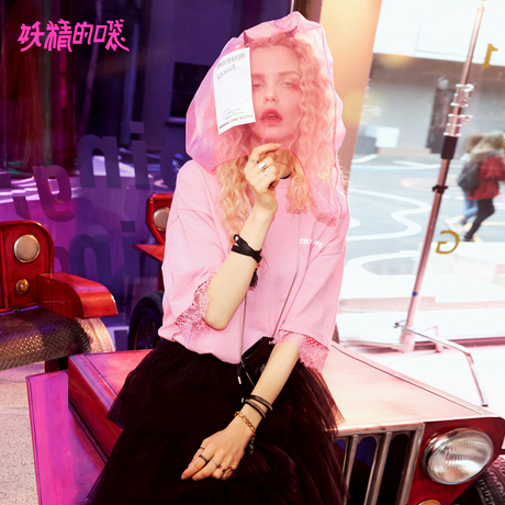 妖精的口袋ins短袖上衣夏装2018新款字母印花蕾丝欧货t恤女宽松商品大图